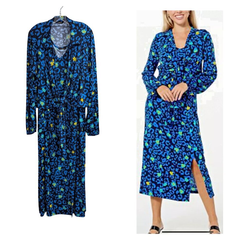 IMAN Electric Blue Leopard Dress & Topper Set 2XLT Black Blue Green Neon Vivid